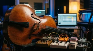 Contrabajo acústico con pedales de efectos electrónicos y computadora