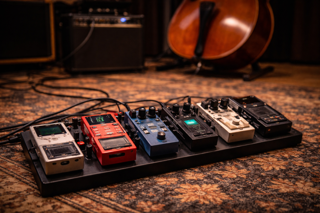 Colección de pedales de efectos utilizados para contrabajo moderno