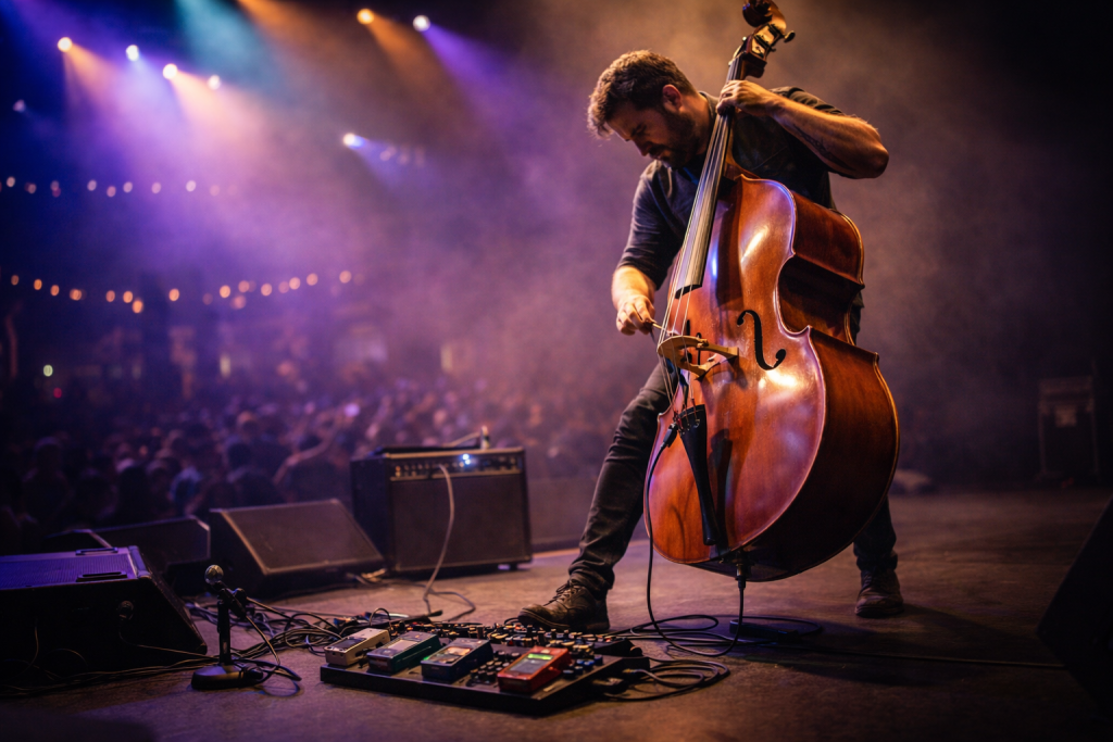 Contrabajista utilizando pedales de efectos durante una presentación en vivo