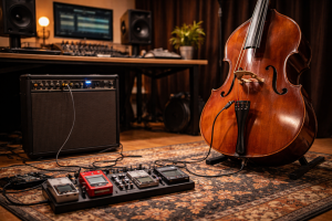 Contrabajo conectado a pedal looper y amplificador en estudio moderno