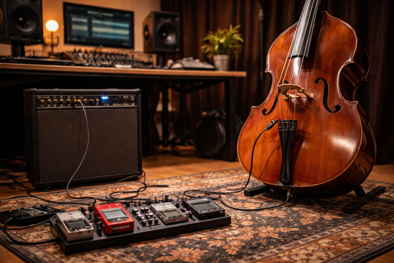Contrabajo conectado a pedal looper y amplificador en estudio moderno