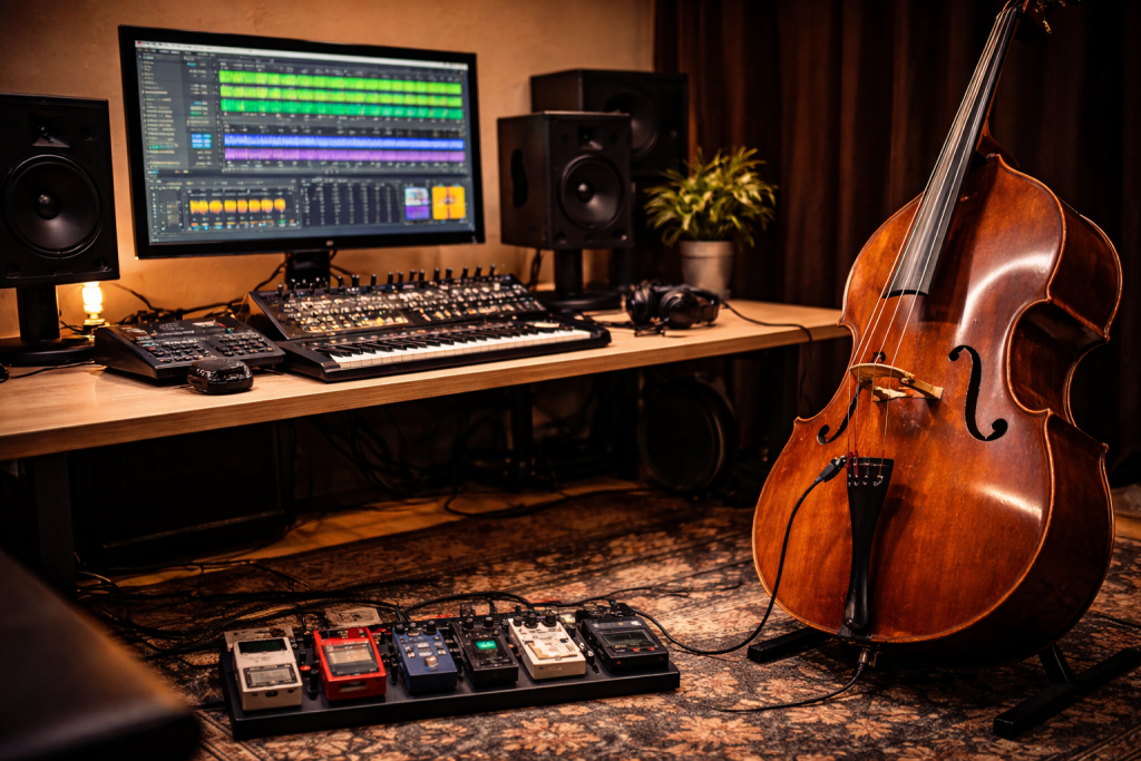 Estudio de grabación con contrabajo y software de looping en pantalla