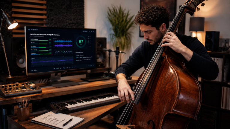 Contrabajista practicando frente a software de inteligencia artificial musical