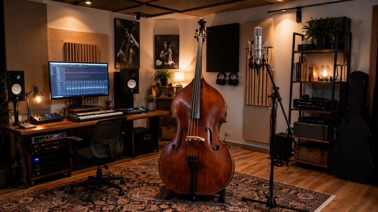Contrabajo en estudio casero moderno con tratamiento acústico y equipo de grabación profesional