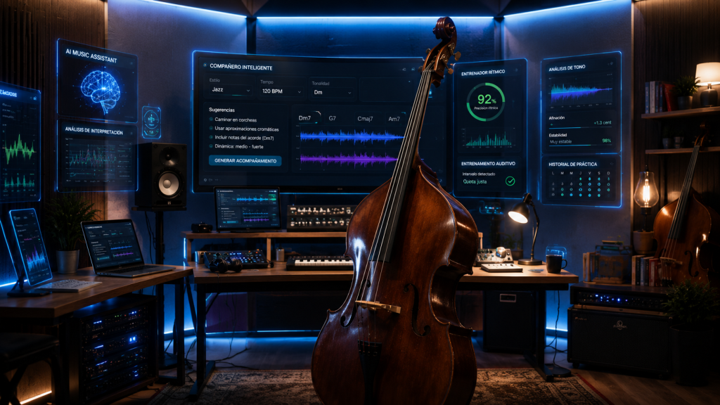 Estudio futurista de contrabajo con inteligencia artificial y herramientas digitales musicales