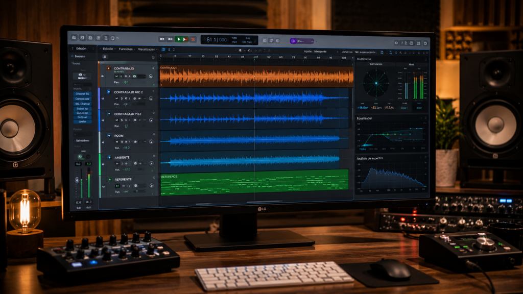 Pantalla de software de grabación musical mostrando pistas de contrabajo en estudio moderno