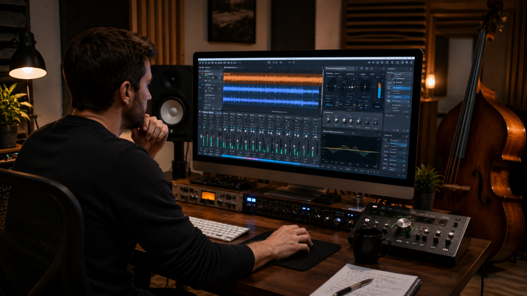 Productor musical editando grabación de contrabajo en computadora con herramientas digitales de mezcla