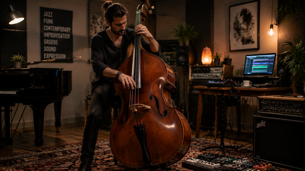 Contrabajista fusionando jazz, funk y música contemporánea en estudio creativo