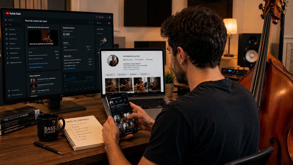 Contrabajista gestionando contenido musical en múltiples plataformas digitales