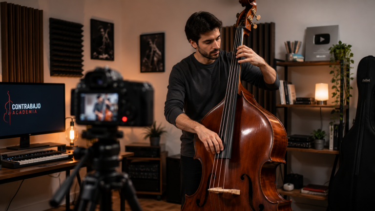 Contrabajista grabando video musical para YouTube en estudio casero moderno