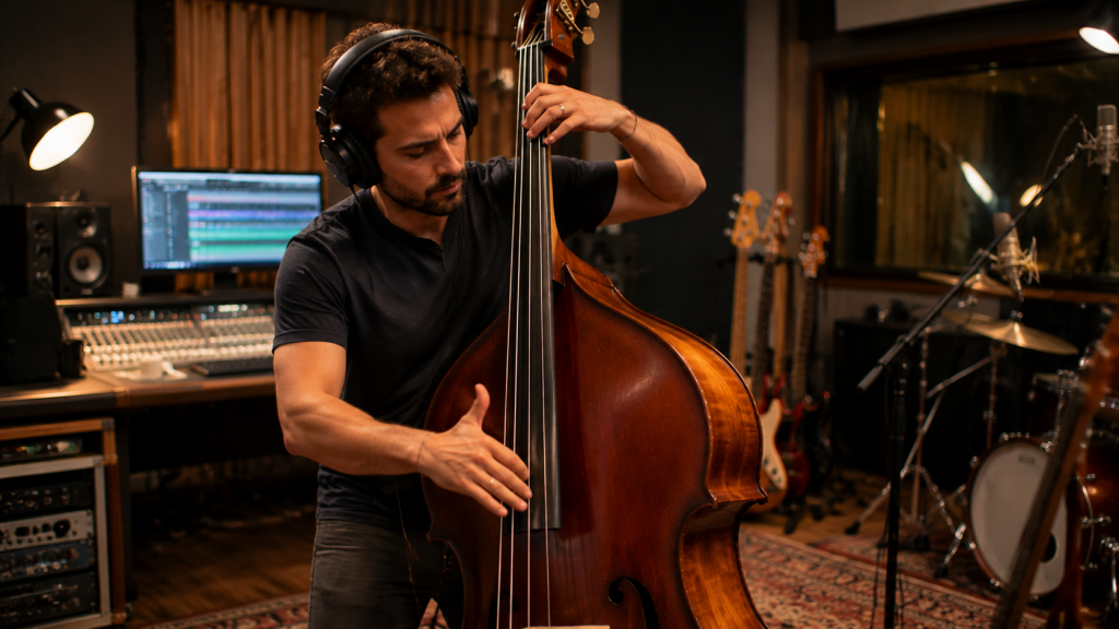 Contrabajista tocando funk con técnica de slap y grooves rítmicos en estudio