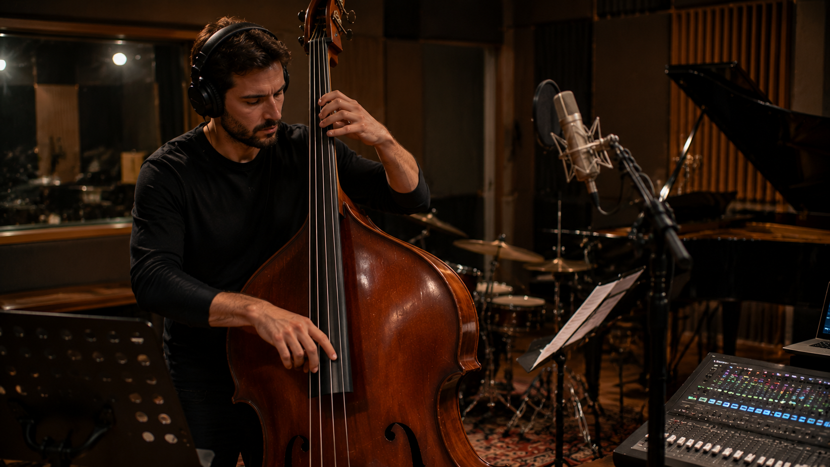 Contrabajista tocando jazz con técnica de walking bass y pizzicato en estudio
