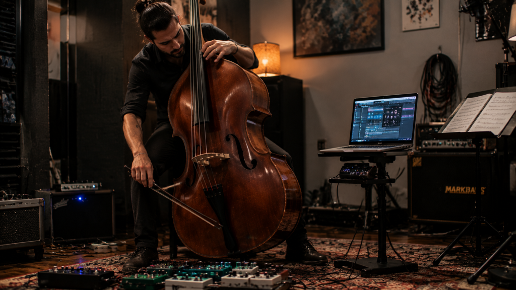 Contrabajista tocando música contemporánea usando técnicas extendidas y efectos digitales