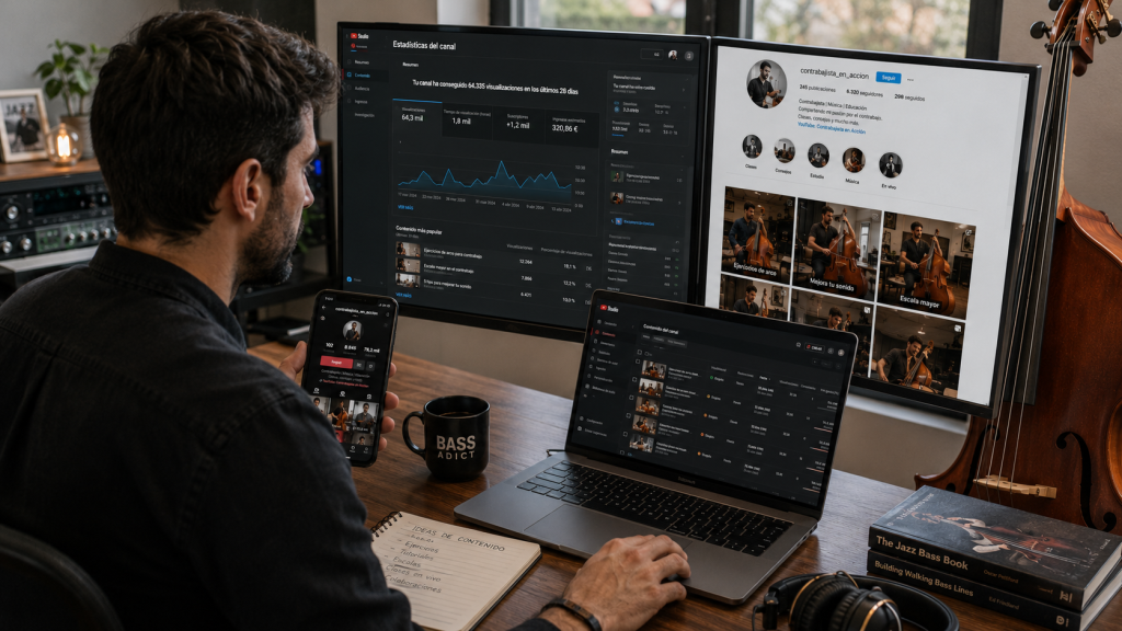 Editor de video trabajando en contenido musical de contrabajo para YouTube y redes sociales