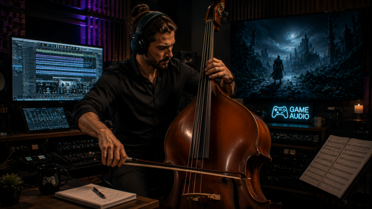 Contrabajista creando efectos de tensión y melodías ambientales para videojuego en estudio