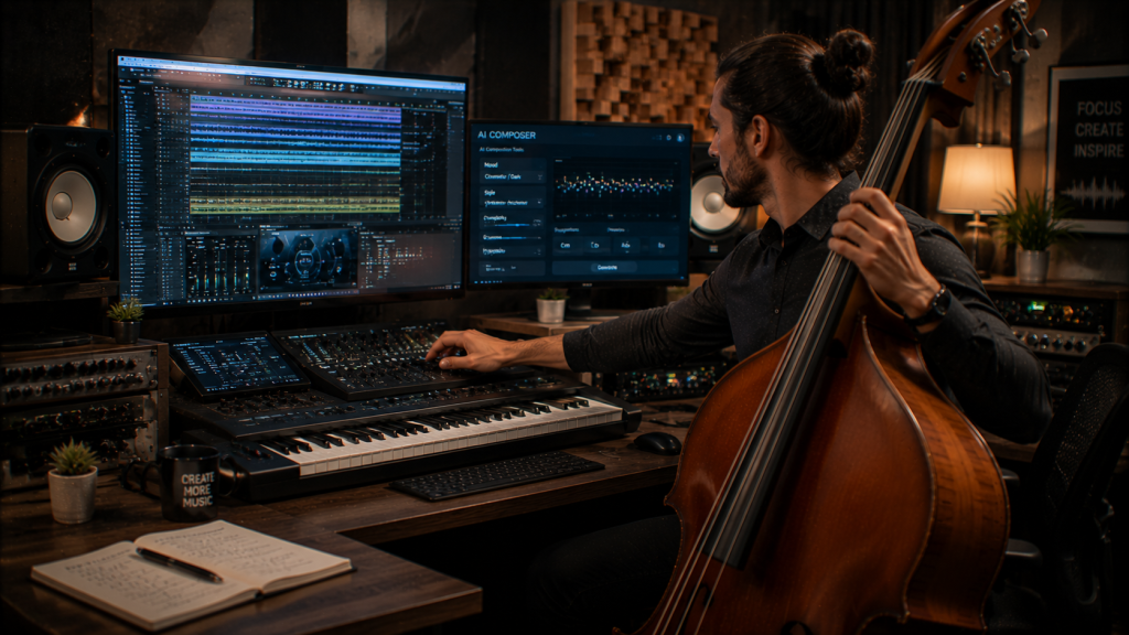 Contrabajista creando música con inteligencia artificial y software de producción digital