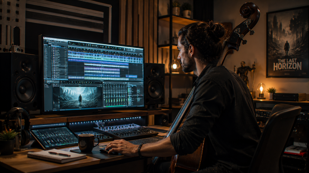 Contrabajista editando grabación de música para cine y videojuegos en computadora