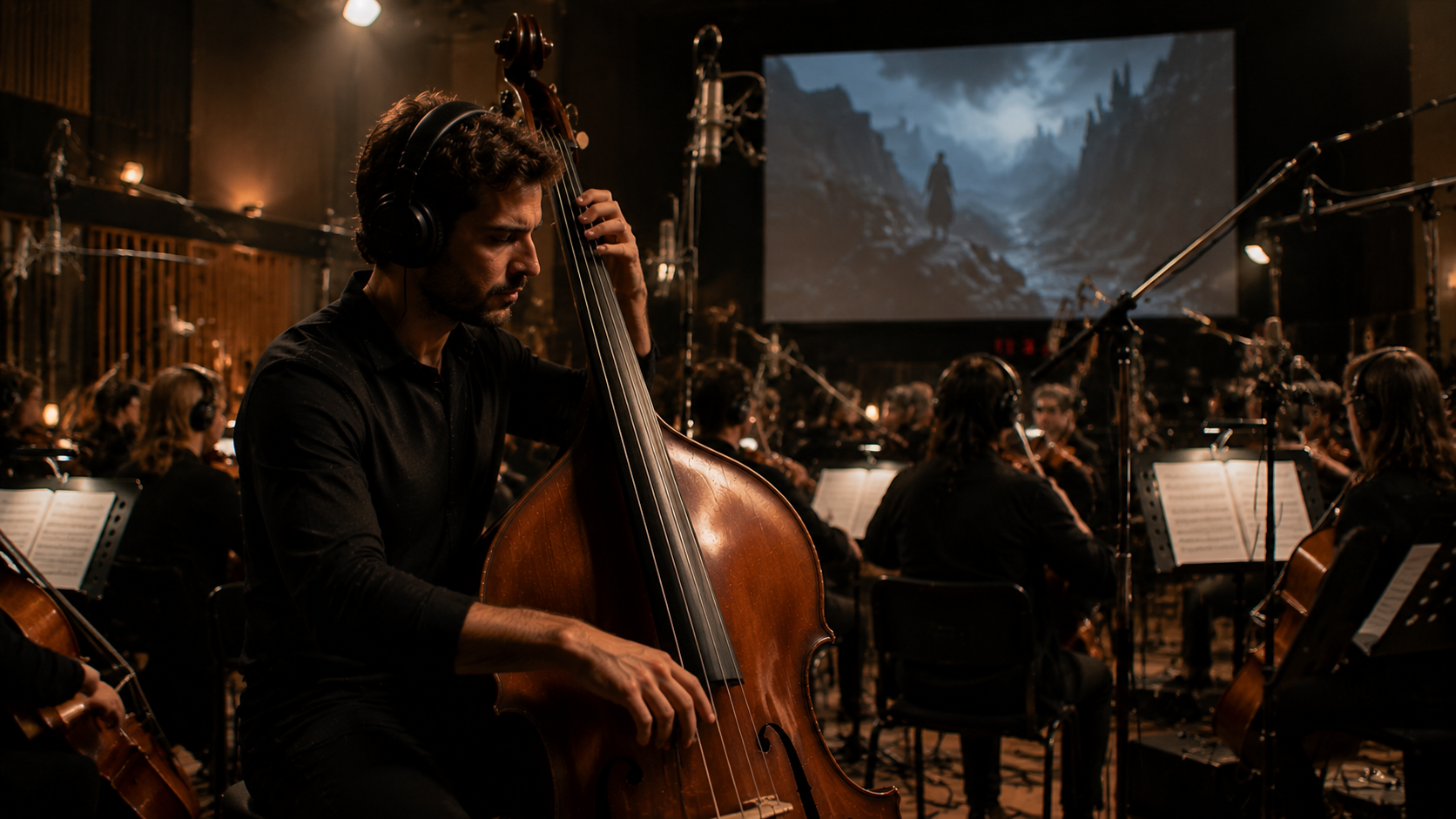 Contrabajista en orquesta grabando música para cine con iluminación dramática en estudio profesional