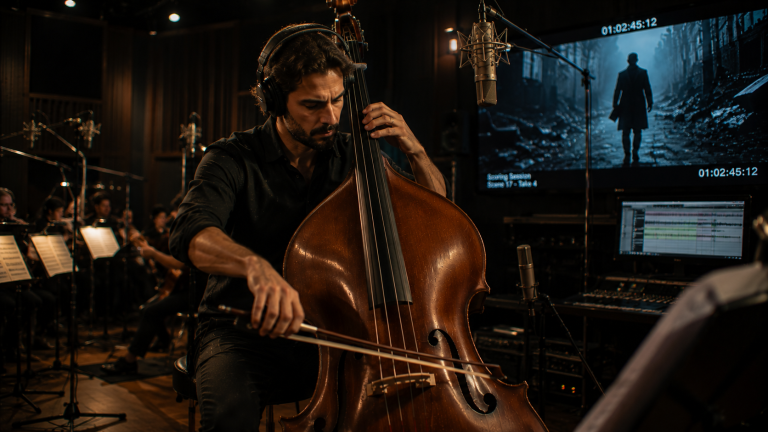 Contrabajista grabando banda sonora para cine en estudio profesional