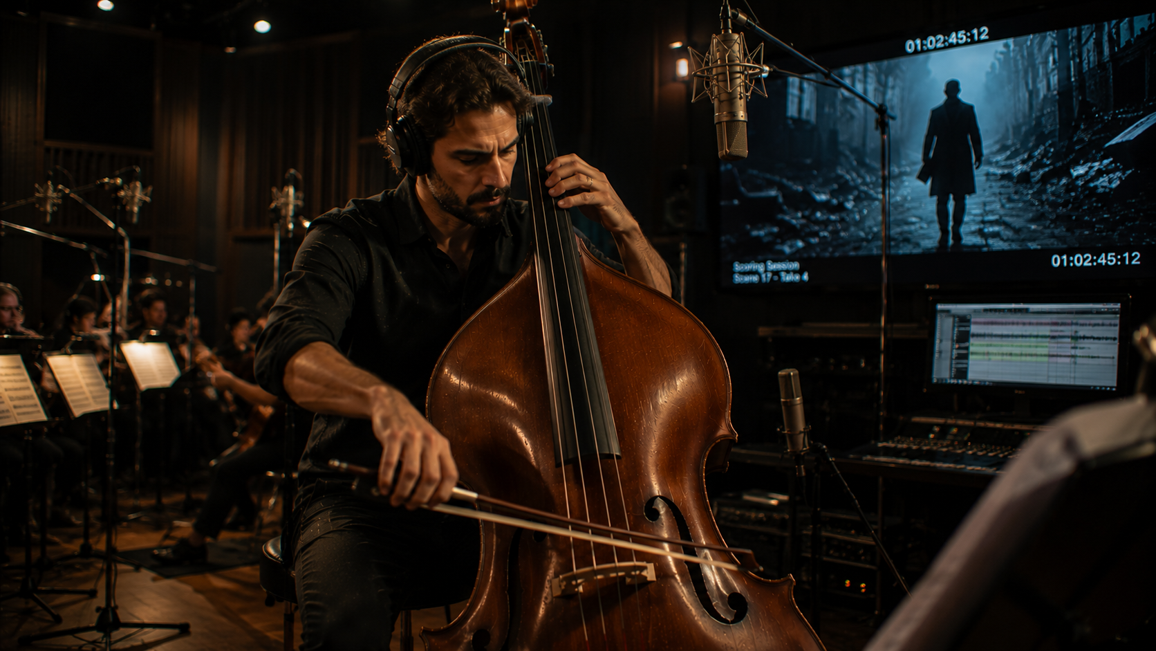 Contrabajista grabando banda sonora para cine en estudio profesional