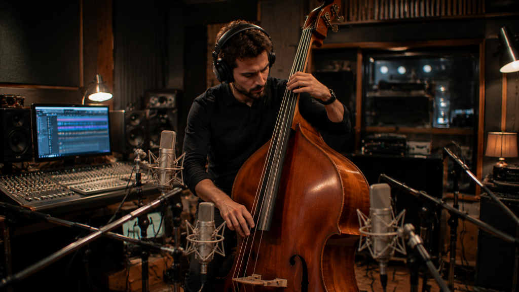 Contrabajista grabando en estudio para música de cine con micrófonos y equipo profesional de audio