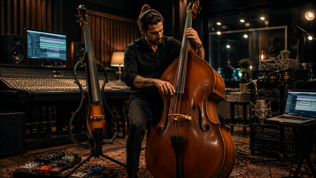 Contrabajista profesional usando contrabajo eléctrico y acústico en estudio moderno
