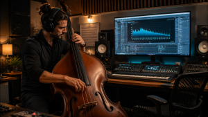 Contrabajista utilizando inteligencia artificial musical en estudio moderno con herramientas digitales