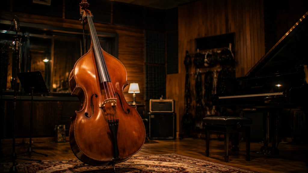 Contrabajo acústico tradicional de madera en estudio profesional