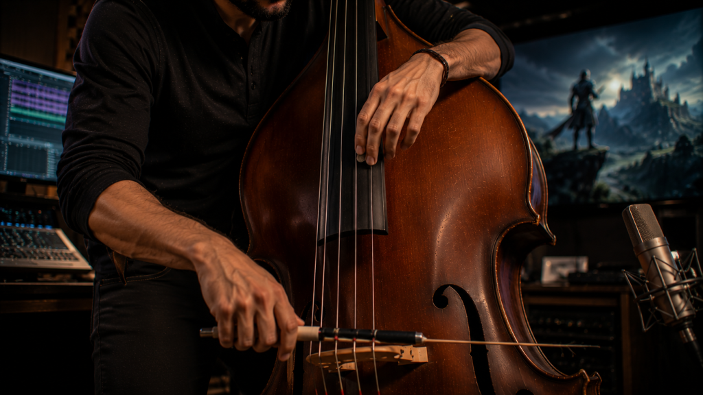 Primer plano de contrabajo aplicando técnicas extendidas para música de videojuegos