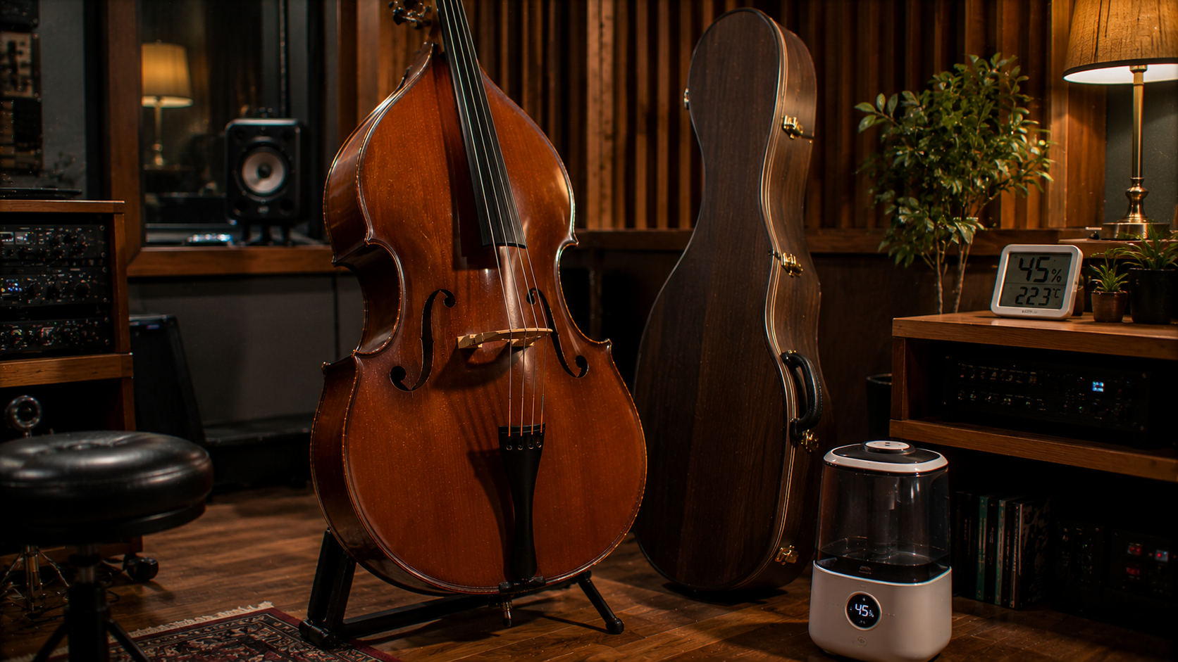 Contrabajo protegido con control de humedad en estudio musical profesional