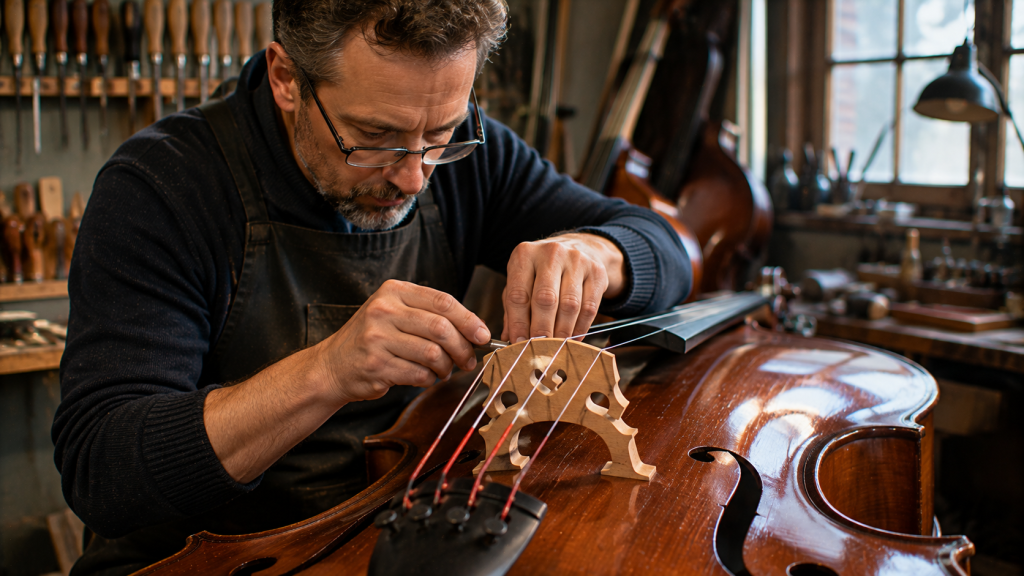 Luthier realizando mantenimiento profesional de puente y cuerdas de contrabajo