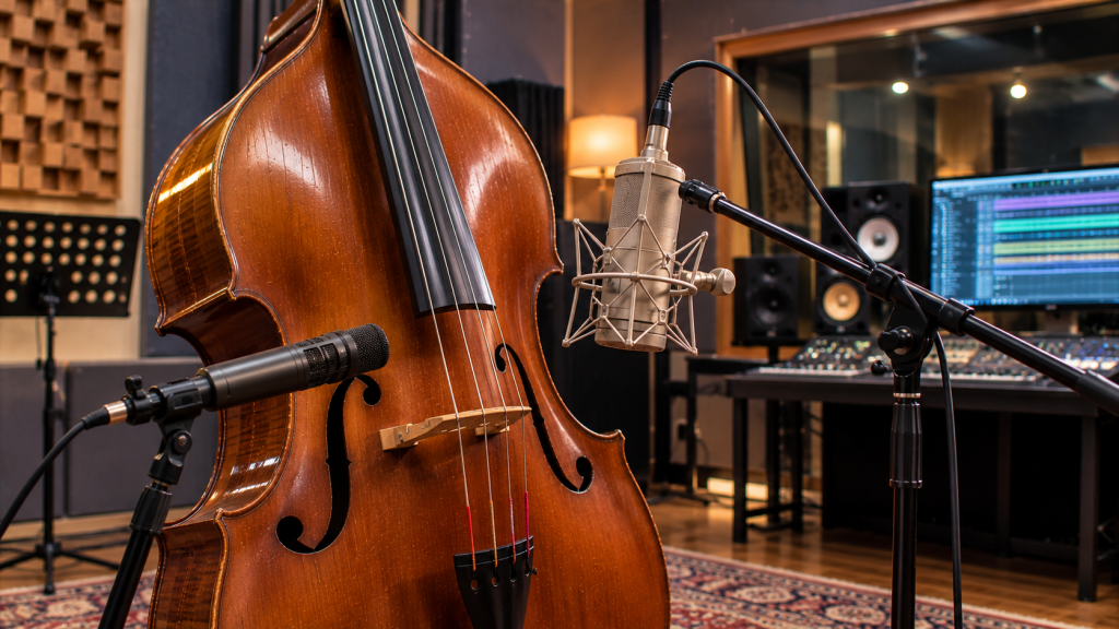 Micrófonos profesionales grabando sonido de contrabajo en estudio