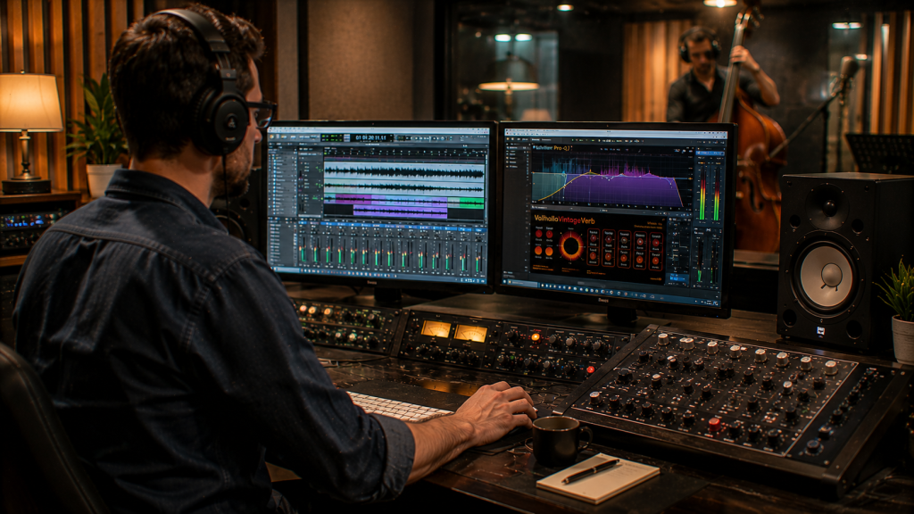 Productor mezclando contrabajo con plugins de audio digital