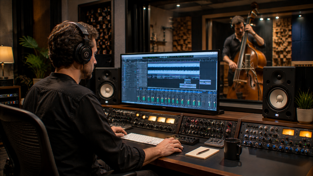 Productor musical editando grabación de contrabajo con software DAW profesional