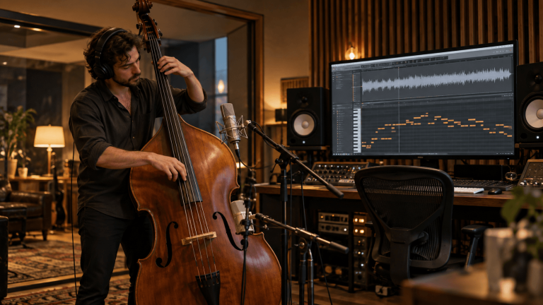 Contrabajista convirtiendo una grabación acústica a MIDI en estudio profesional