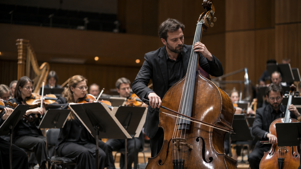 Contrabajista profesional tocando un contrabajo de cinco cuerdas en orquesta
