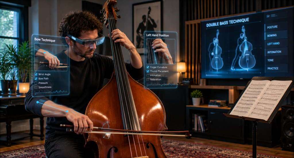 Contrabajista usando realidad aumentada para mejorar técnica musical
