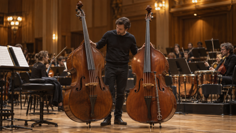 Contrabajo de cinco cuerdas y contrabajo con extensión en Do comparados en ensayo orquestal