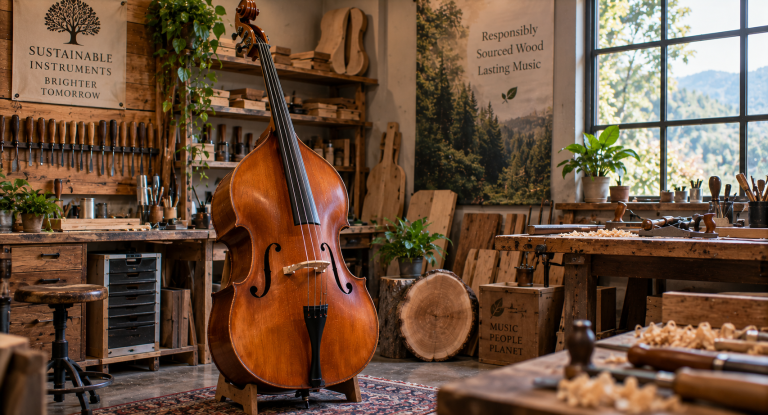 Contrabajo sostenible fabricado con madera responsable en taller artesanal