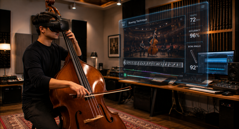 Estudiante de contrabajo usando realidad virtual para aprendizaje musical moderno