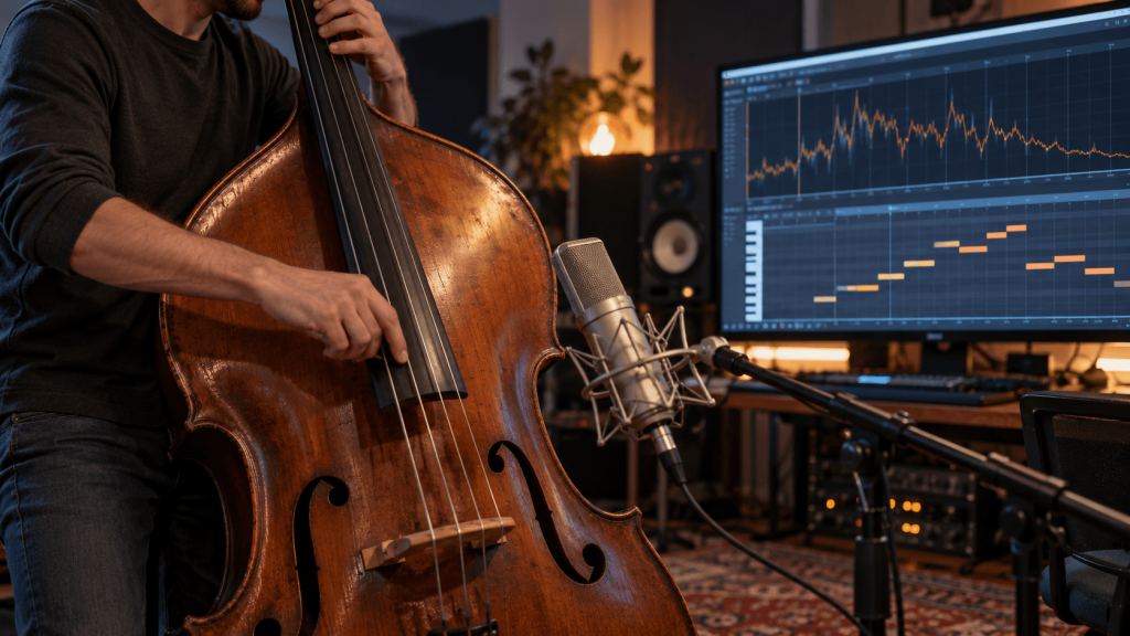Grabación de contrabajo analizada para convertir notas de audio a MIDI
