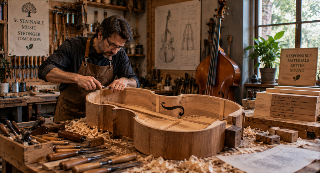 Luthier construyendo contrabajo sostenible con materiales ecológicos