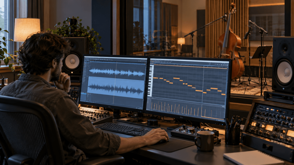 Productor editando notas MIDI creadas desde una grabación de contrabajo