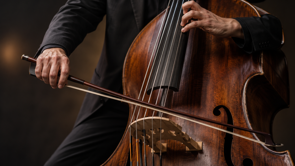 Técnica de arco y mano izquierda en contrabajo profesional de cinco cuerdas