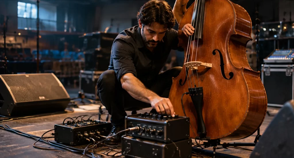 Contrabajista ajustando preamp feedback