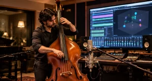 Contrabajista grabando música para una producción Dolby Atmos en estudio profesional