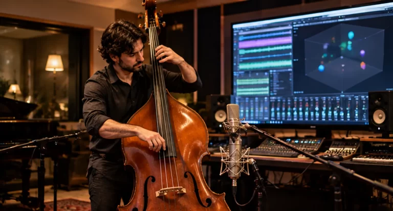 Contrabajista grabando música para una producción Dolby Atmos en estudio profesional