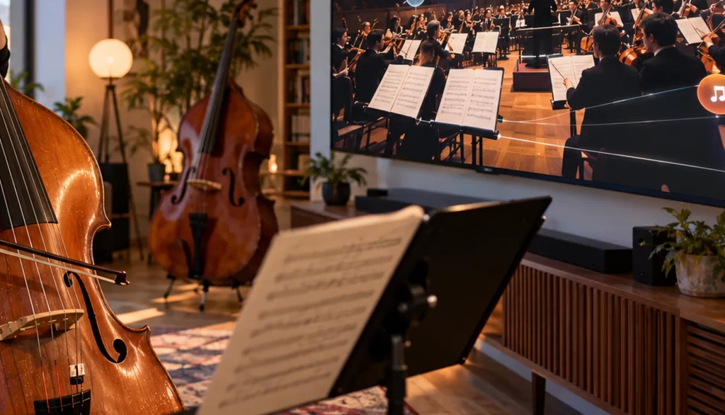 Contrabajo y partitura frente a una pantalla de acompañamiento musical digital