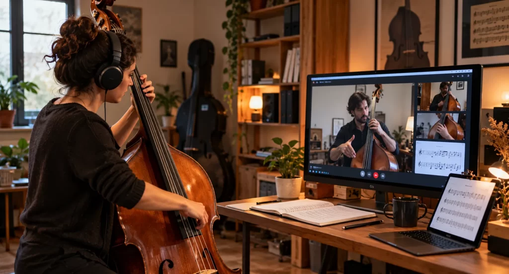 Estudiante de contrabajo practicando con recursos musicales digitales