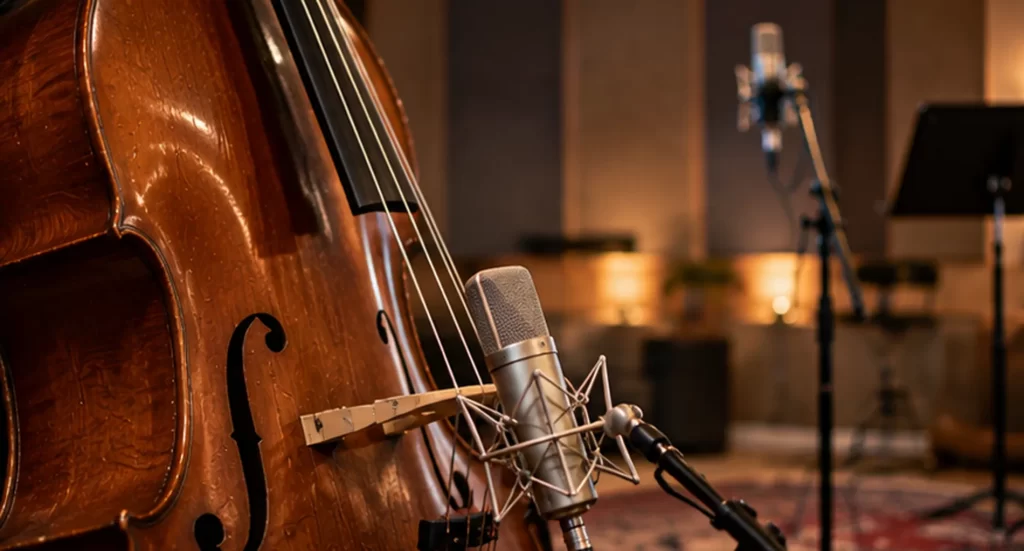 Micrófonos profesionales capturando un contrabajo acústico para producción de audio espacial